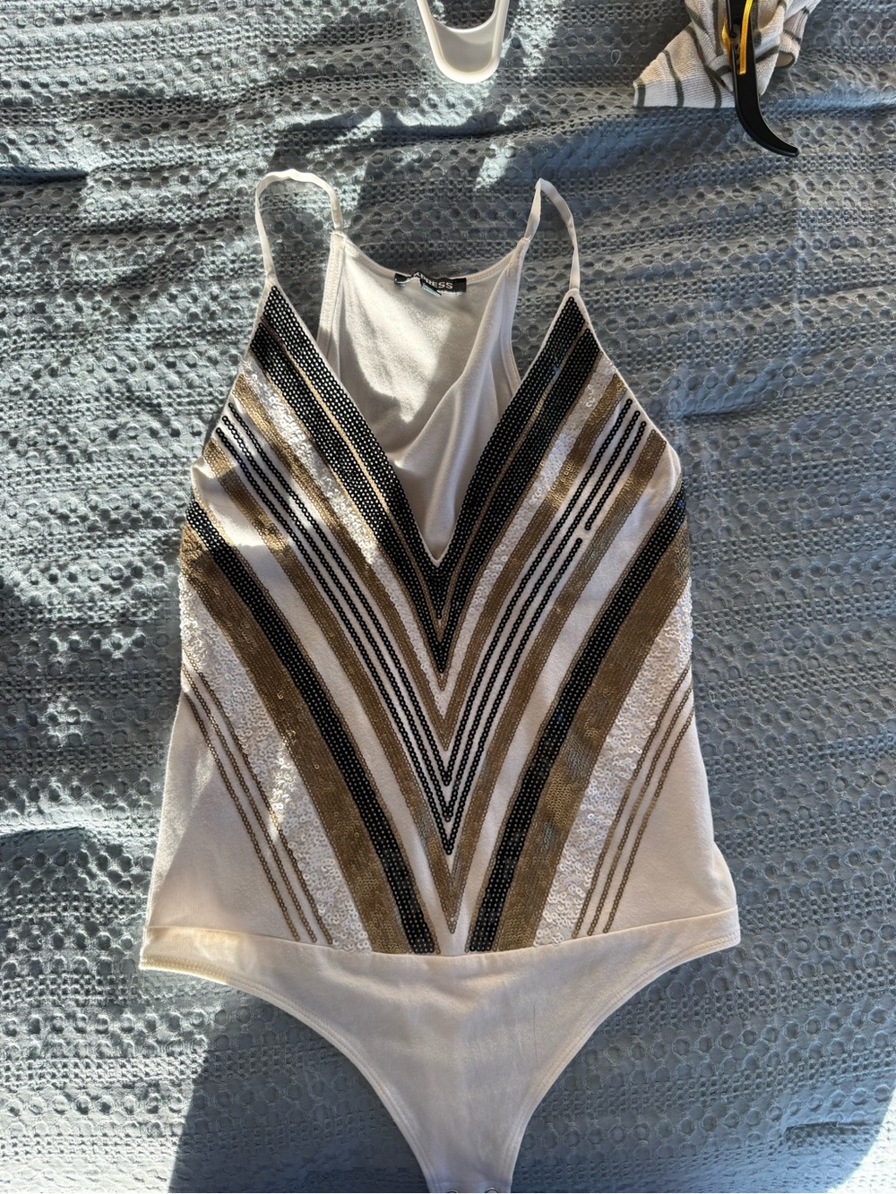 Express White Bodysuit with Gold and Black Sequin Chevron Detail